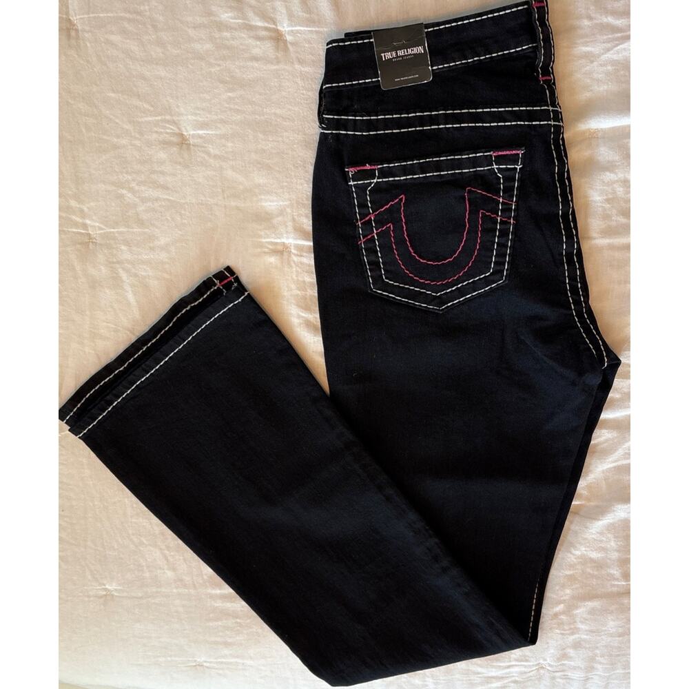 NWT True Religion Becca Big T Bootcut Size 29 Midrise Black White/Pink $204